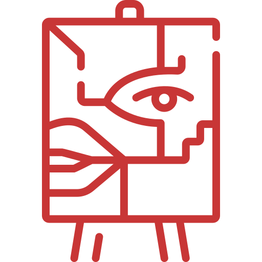 Abstract line art of a face on an easel, featuring geometric shapes and lines in red outline on a transparent background.