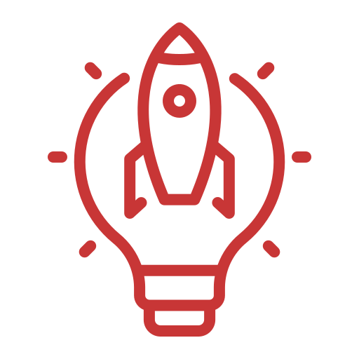 Red line icon of a lightbulb shaped like a rocket, with rays emanating from it, symbolizing innovation and creativity.