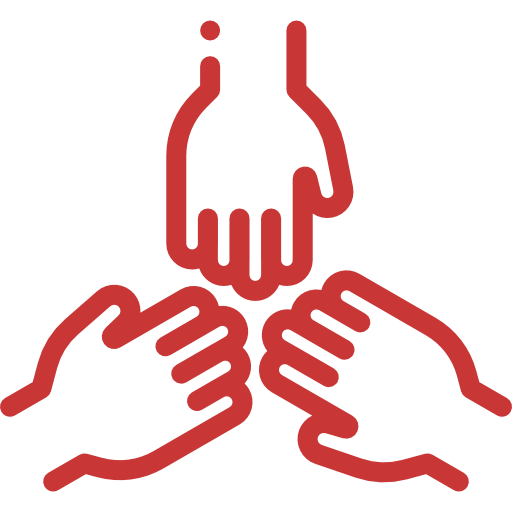 Three stylized red hands in a triangular arrangement, with one reaching downwards and two reaching upwards, symbolizing teamwork or collaboration.