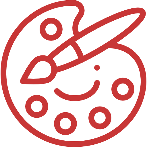 Red outline illustration of an artist's palette with a paintbrush.