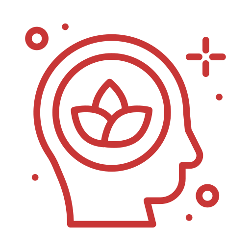 Red outline of a head with a leaf inside, surrounded by circles and star shapes, on a transparent background.