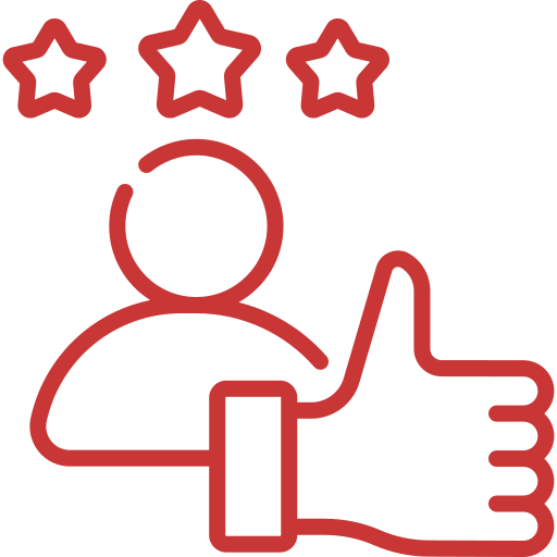 Red outline of a person with three stars above their head and a thumbs-up sign next to them.