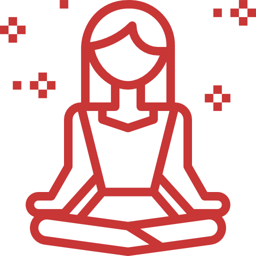Icon of a person meditating in a seated position, with red line art and small plus symbols surrounding them.