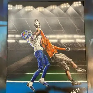 A painting of two men playing football in an arena.