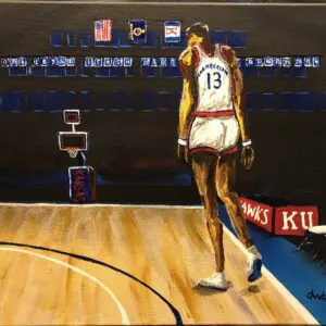 A painting of a basketball player walking on the court