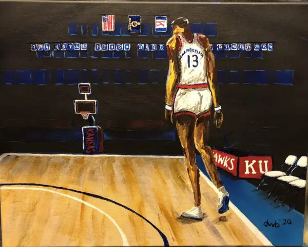 A painting of a basketball player walking on the court