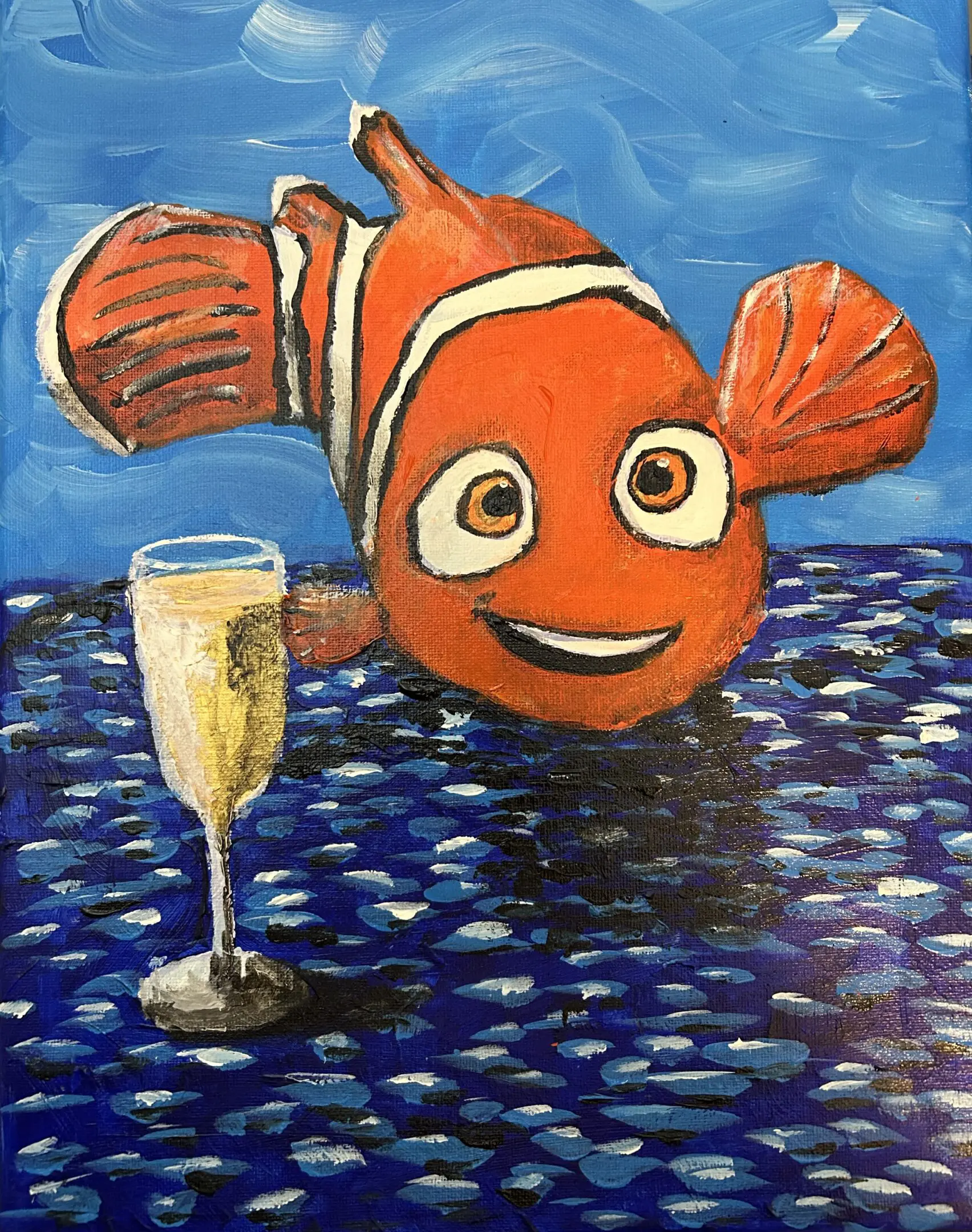A painting of nemo and a glass of champagne