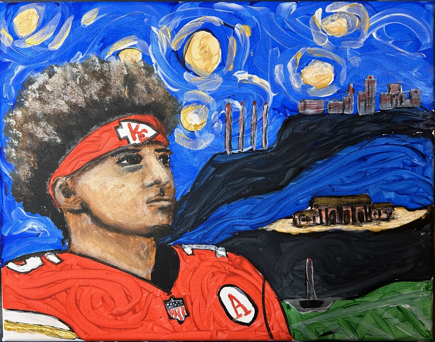 A painting of a man with a mohawk and helmet.