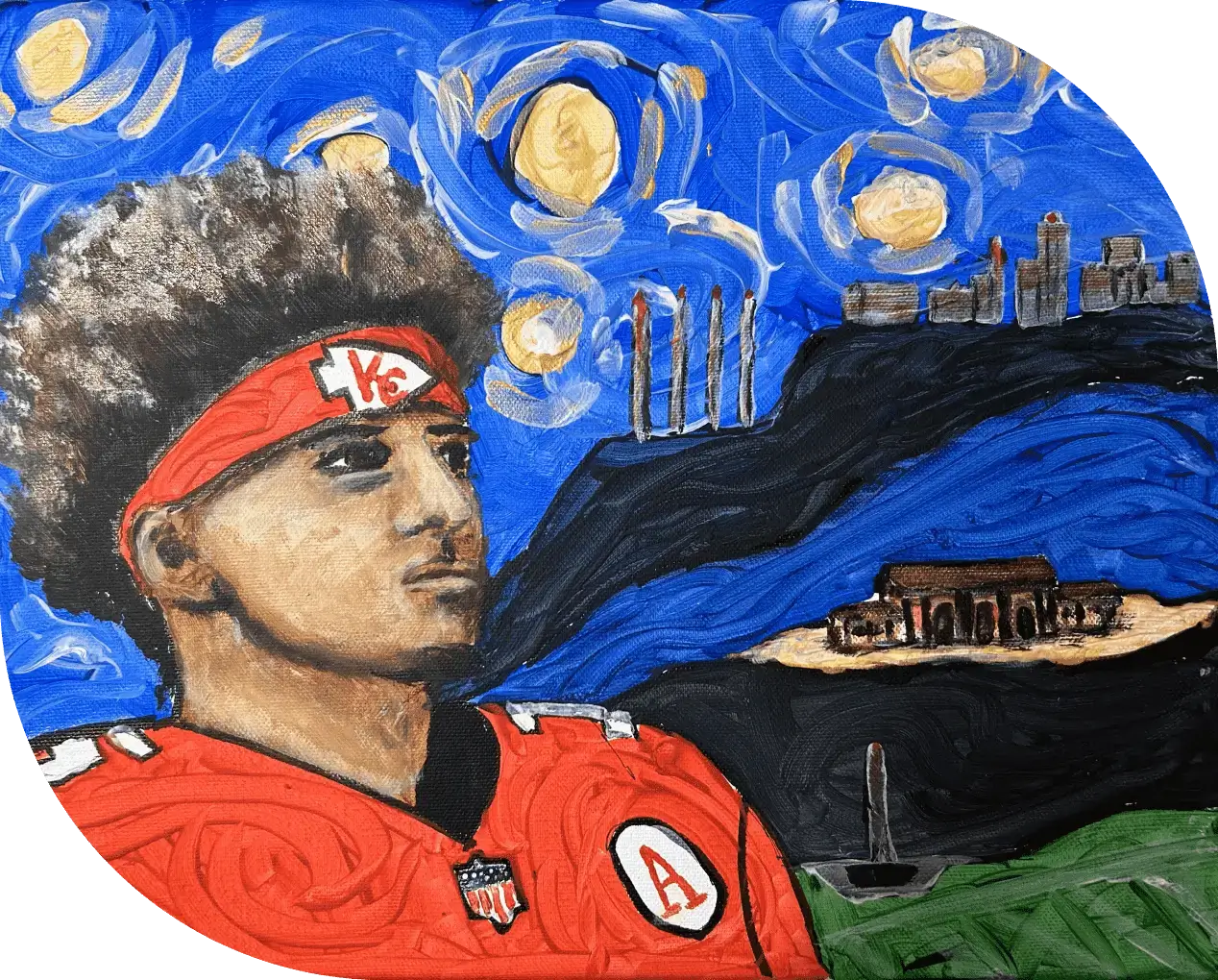 A painting of a man with a mohawk and helmet.